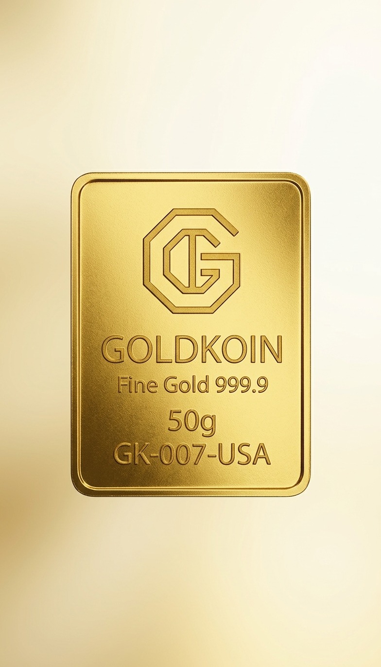 Lingote de oro fino GOLDKOIN 50 g en estudio con marcas de acuñación y serie GK