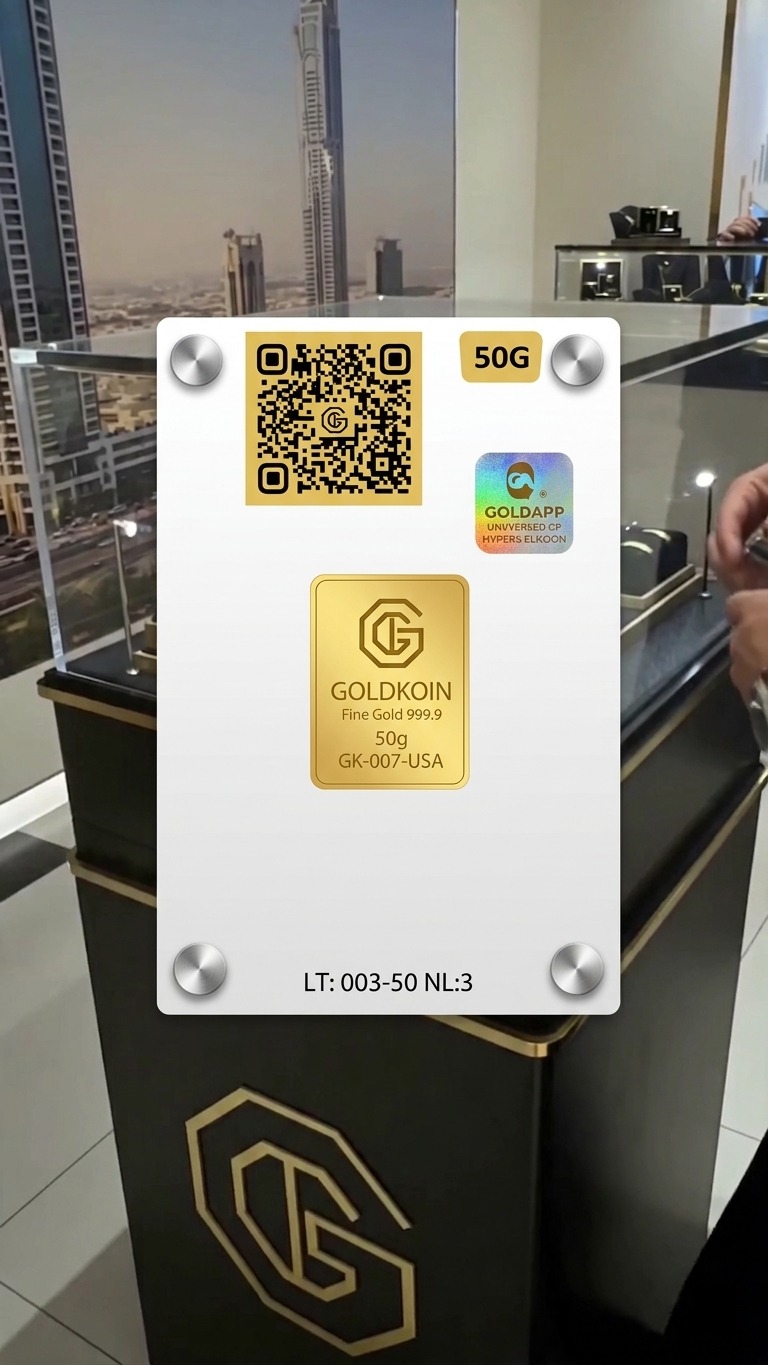 Tarjeta autenticada GOLDKOIN con lingote en exposición minorista con ciudad de fondo