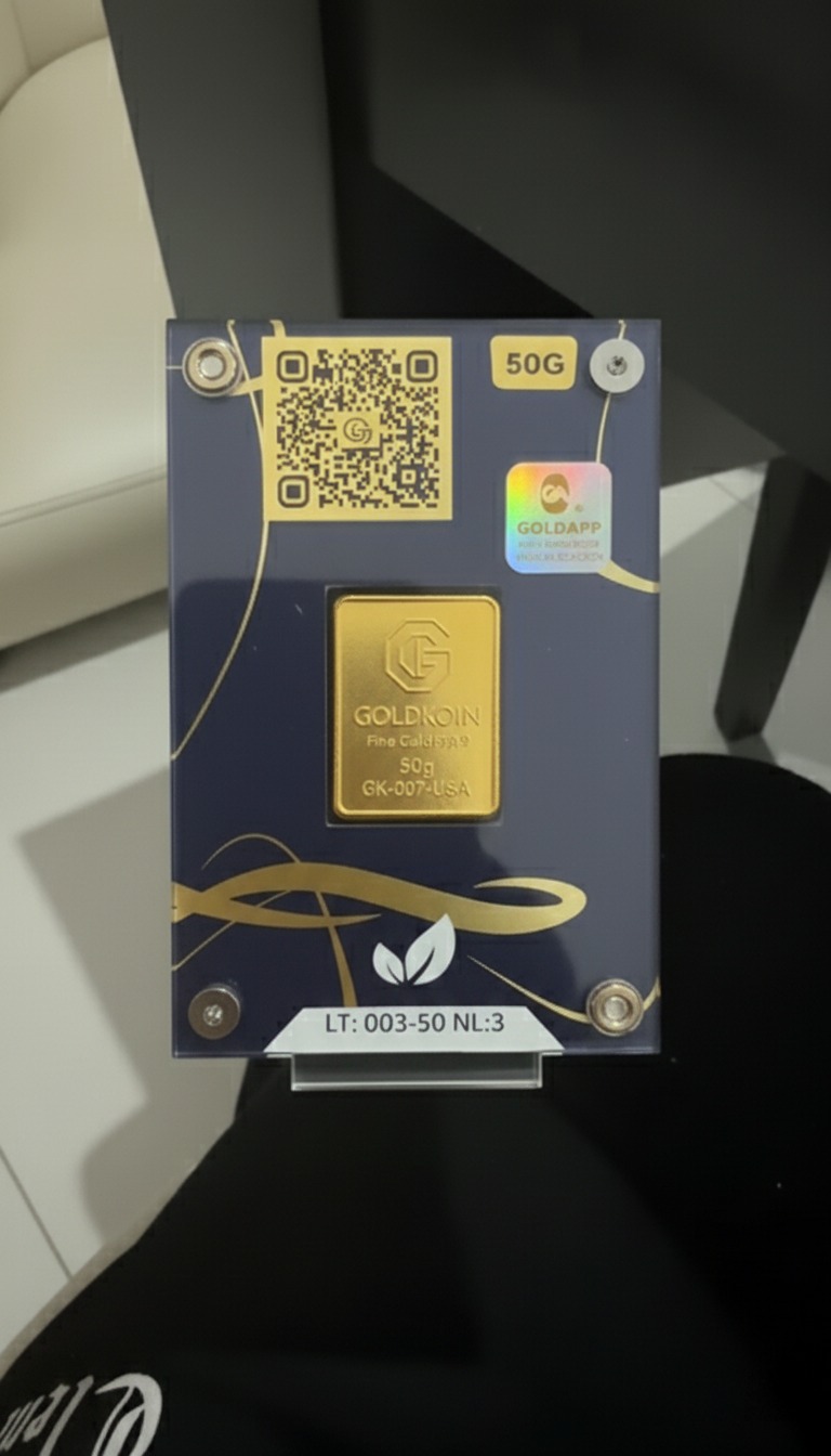 Estuche de autenticación GOLDKOIN Sovereign azul marino con gráficos dorados, QR y holograma