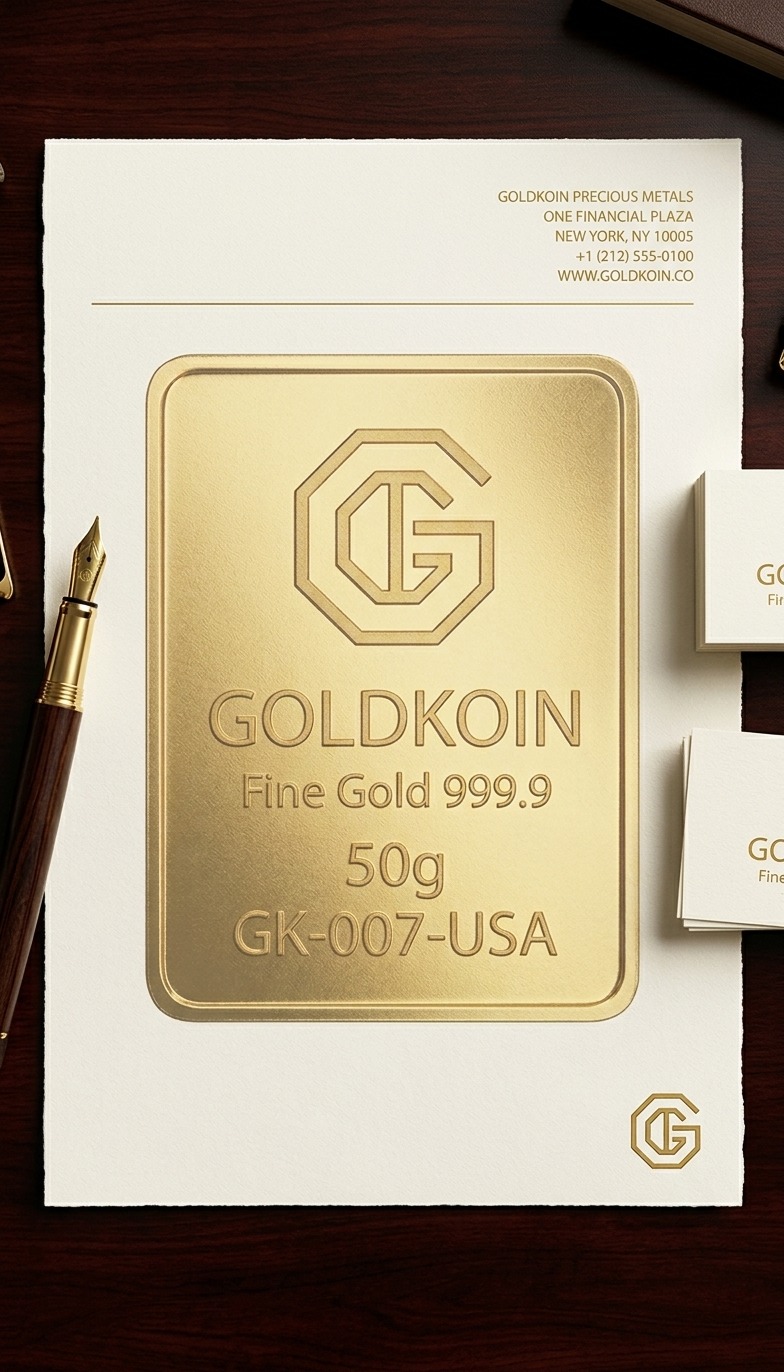 Papelería corporativa GOLDKOIN y lingote, otro ángulo