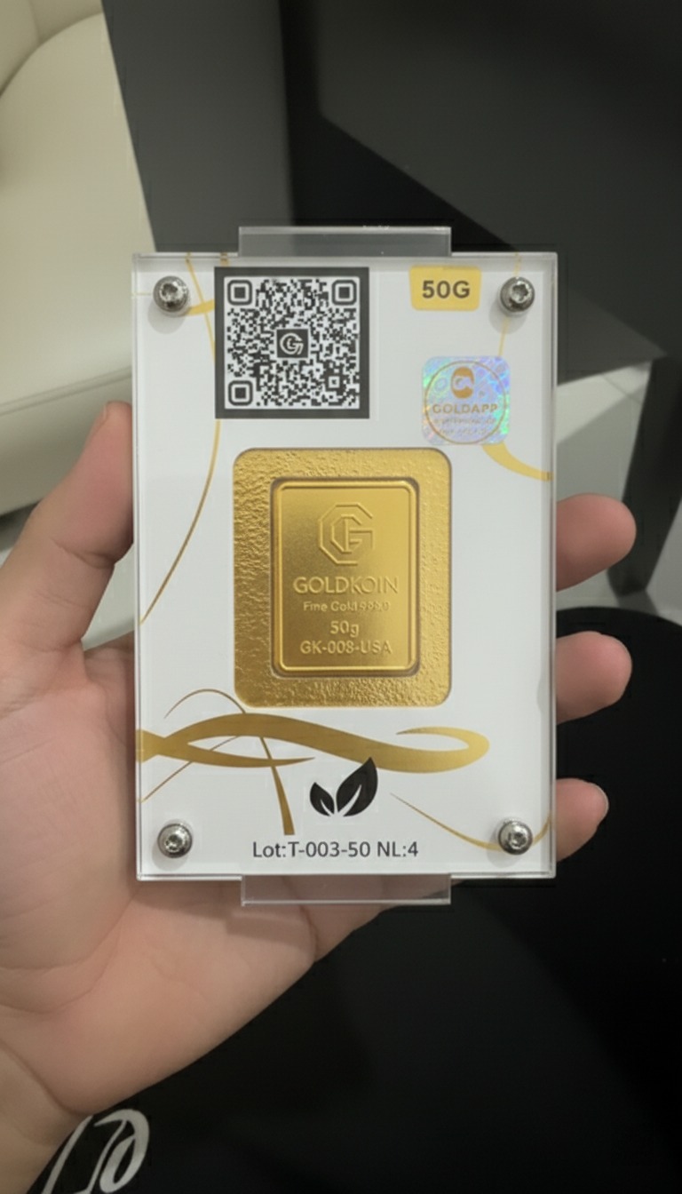Lingote GOLDKOIN Sovereign 50 g sellado en empaque de autenticación con QR y holograma GOLDAPP, en la mano